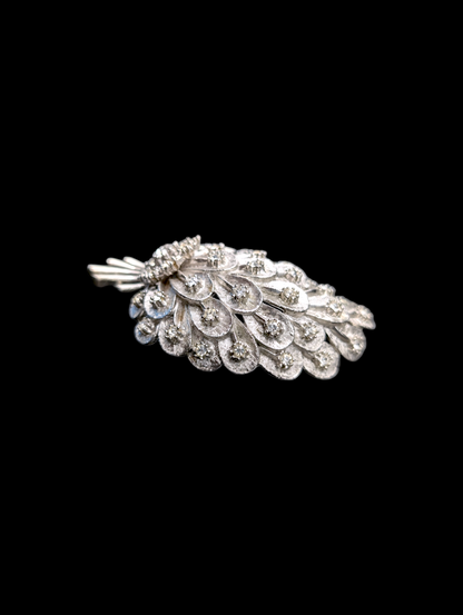 1950s - 1960s Mid-century Modern Large Peacock Feather Silver Rhinestone Brooch Pin