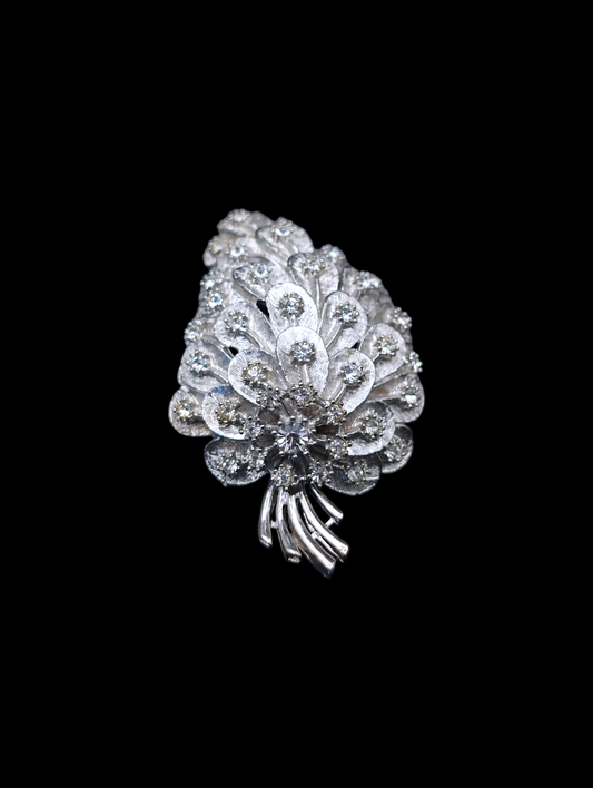 1950s - 1960s Mid-century Modern Large Peacock Feather Silver Rhinestone Brooch Pin