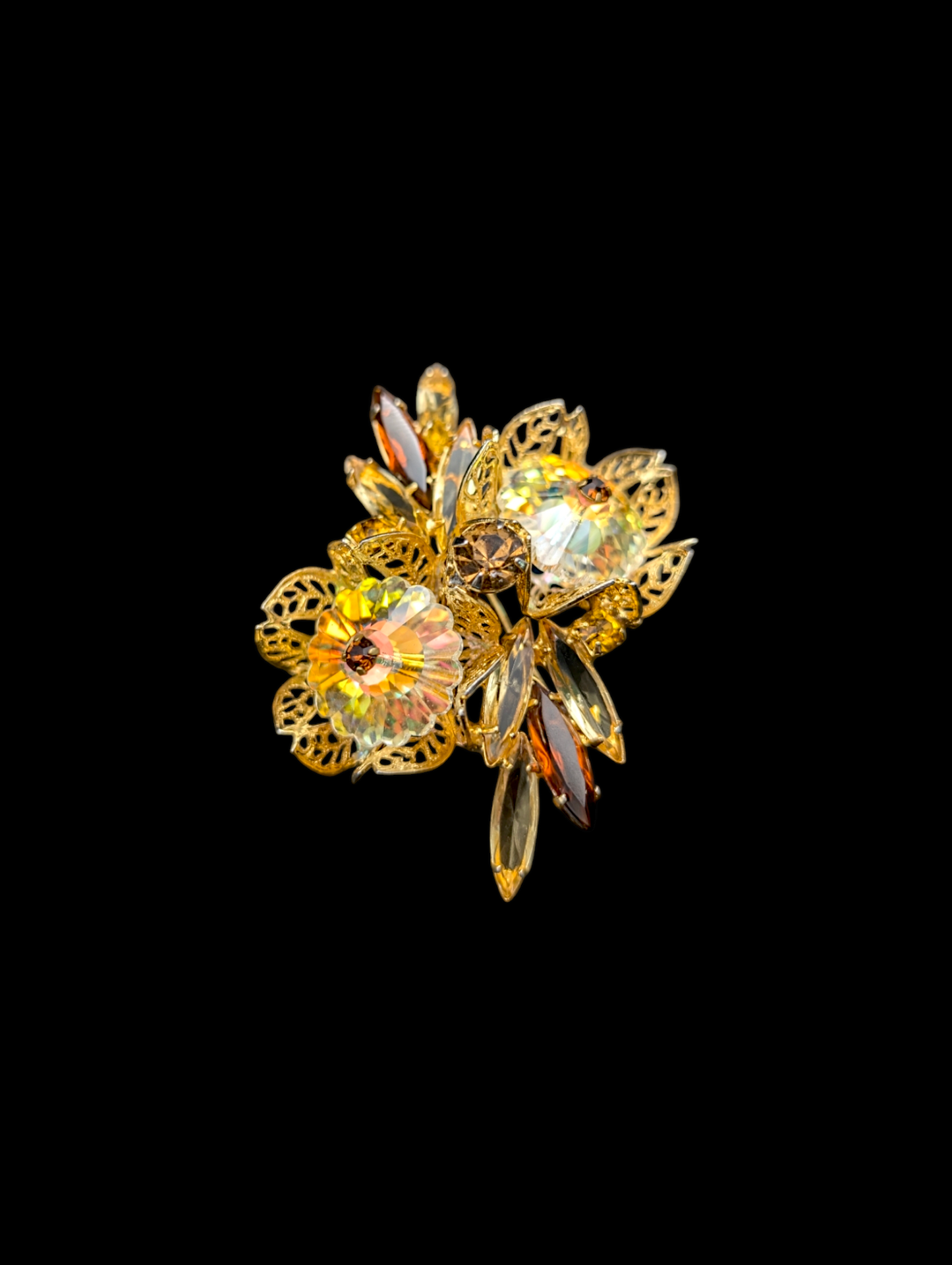 1950s - 1960s Mid-century Modern Amber Aurora Borealis Gold Filigree Flower Buds Brooch Pin