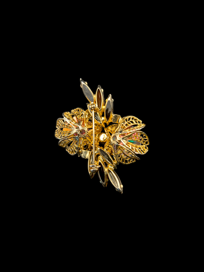 1950s - 1960s Mid-century Modern Amber Aurora Borealis Gold Filigree Flower Buds Brooch Pin