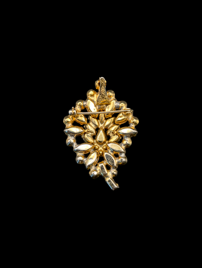 1950s - 1960s Mid-century Modern Open Back Crystal Rhinestone Canary Yellow and Honey Topaz Leaf Brooch Pin Pendant