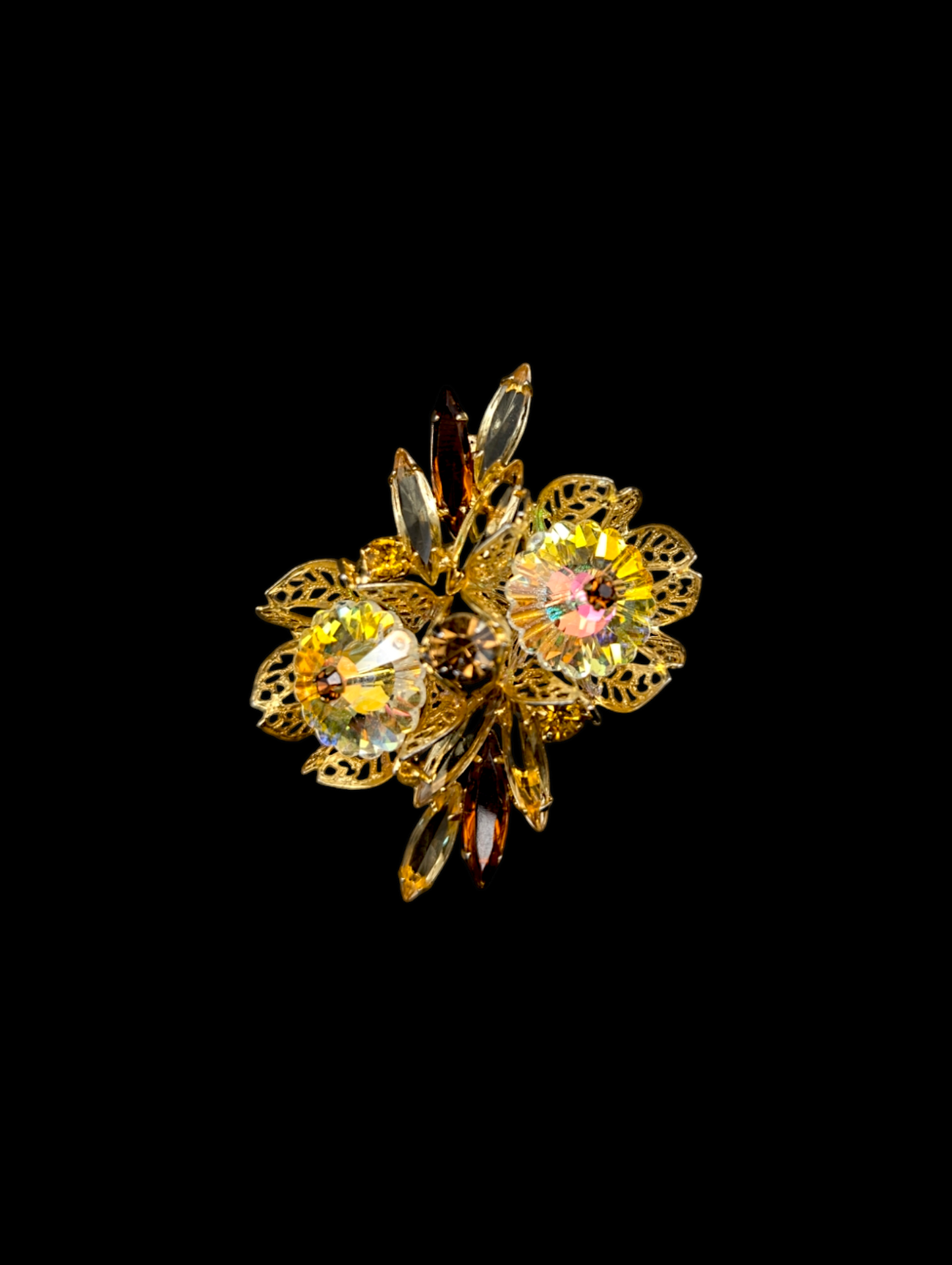 1950s - 1960s Mid-century Modern Amber Aurora Borealis Gold Filigree Flower Buds Brooch Pin