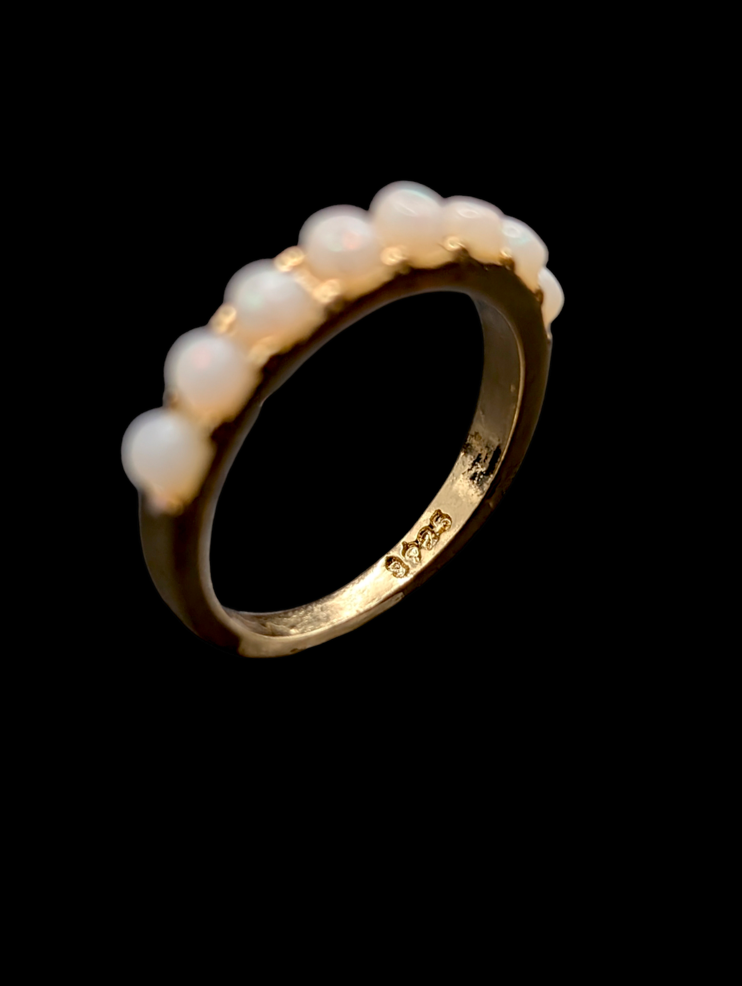 Vintage Dainty Row of Simulated Opal on Gold 925 Ring