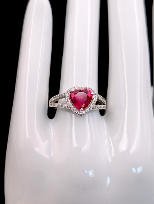 Vintage Inspired Red Ruby Heart with Crystal Halo 925 Sterling Silver Ring