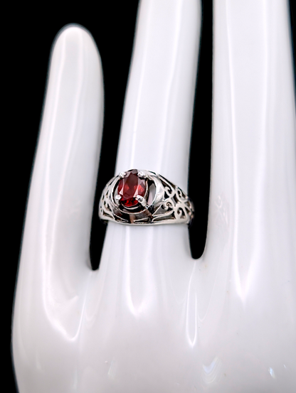 Vintage Solitaire Garnet Filigree Sterling Silver Pinky Statement Ring