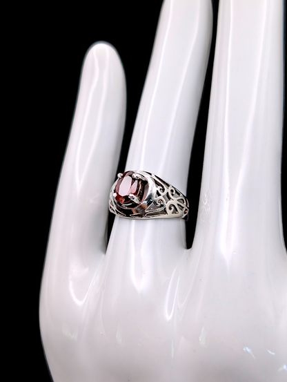 Vintage Solitaire Garnet Filigree Sterling Silver Pinky Statement Ring