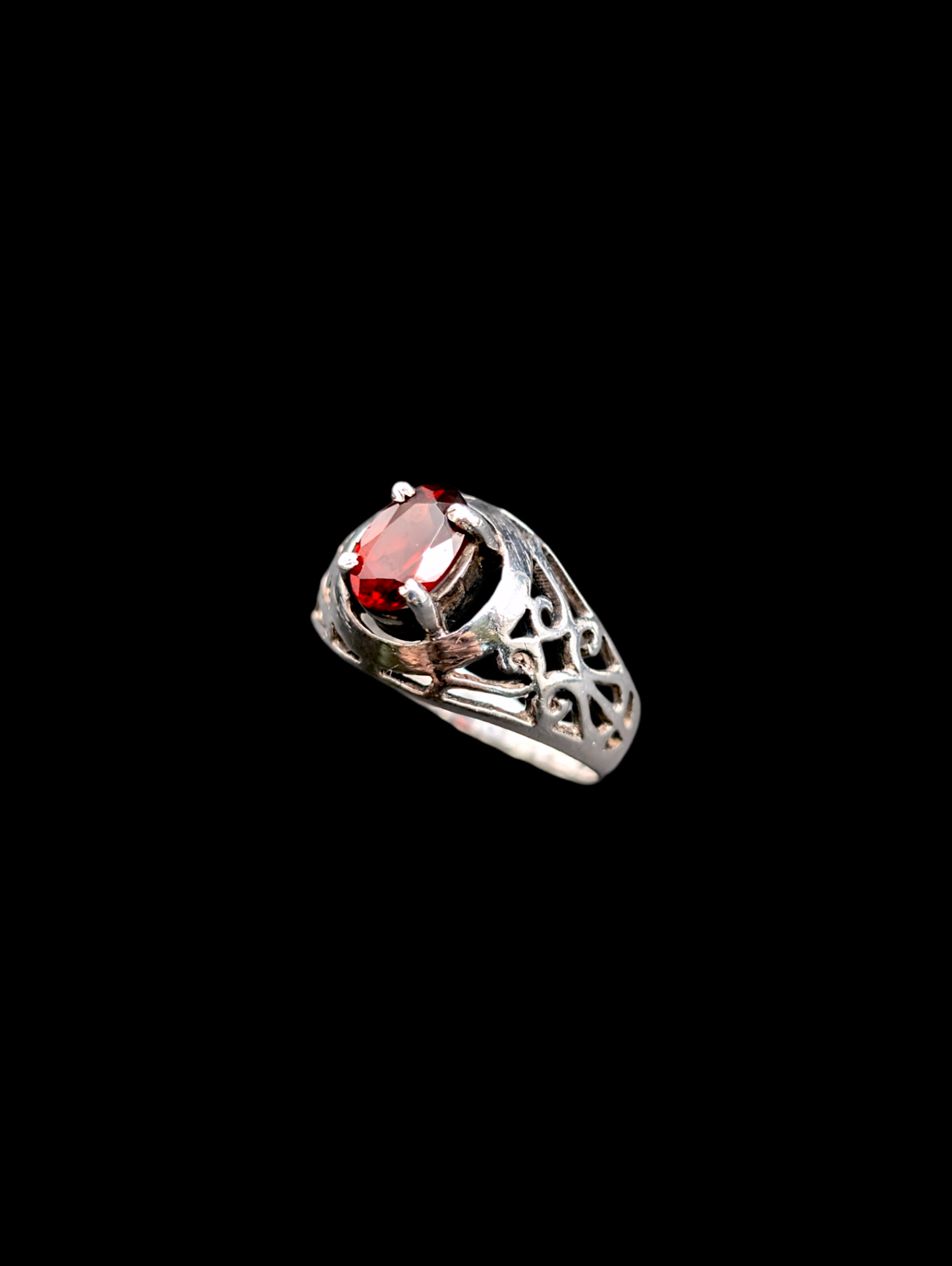 Vintage Solitaire Garnet Filigree Sterling Silver Pinky Statement Ring