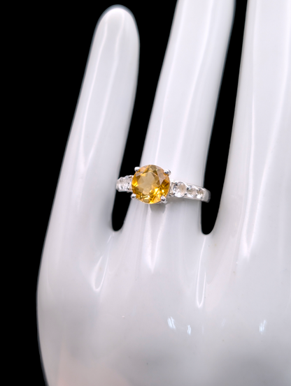 Vintage Large Solitaire Round Cut Citrine and White Topaz Sterling Silver 925 Ring