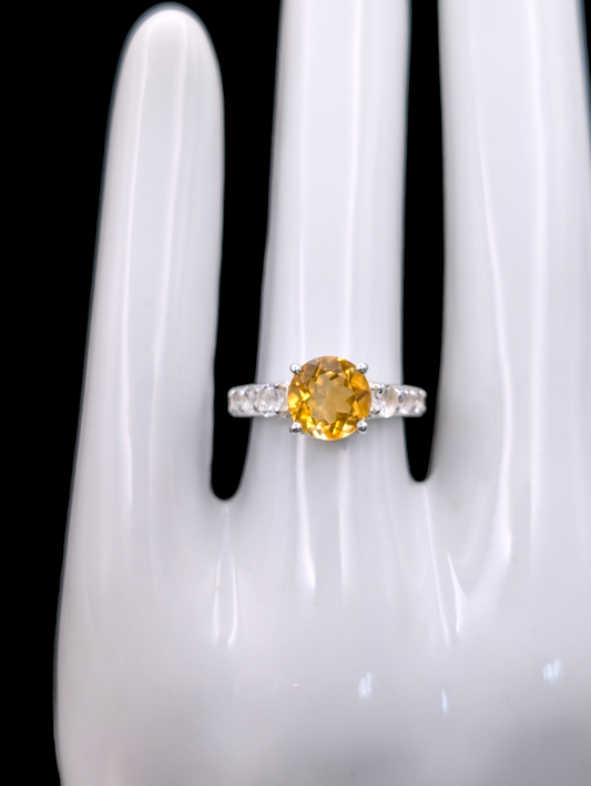 Vintage Large Solitaire Round Cut Citrine and White Topaz Sterling Silver 925 Ring