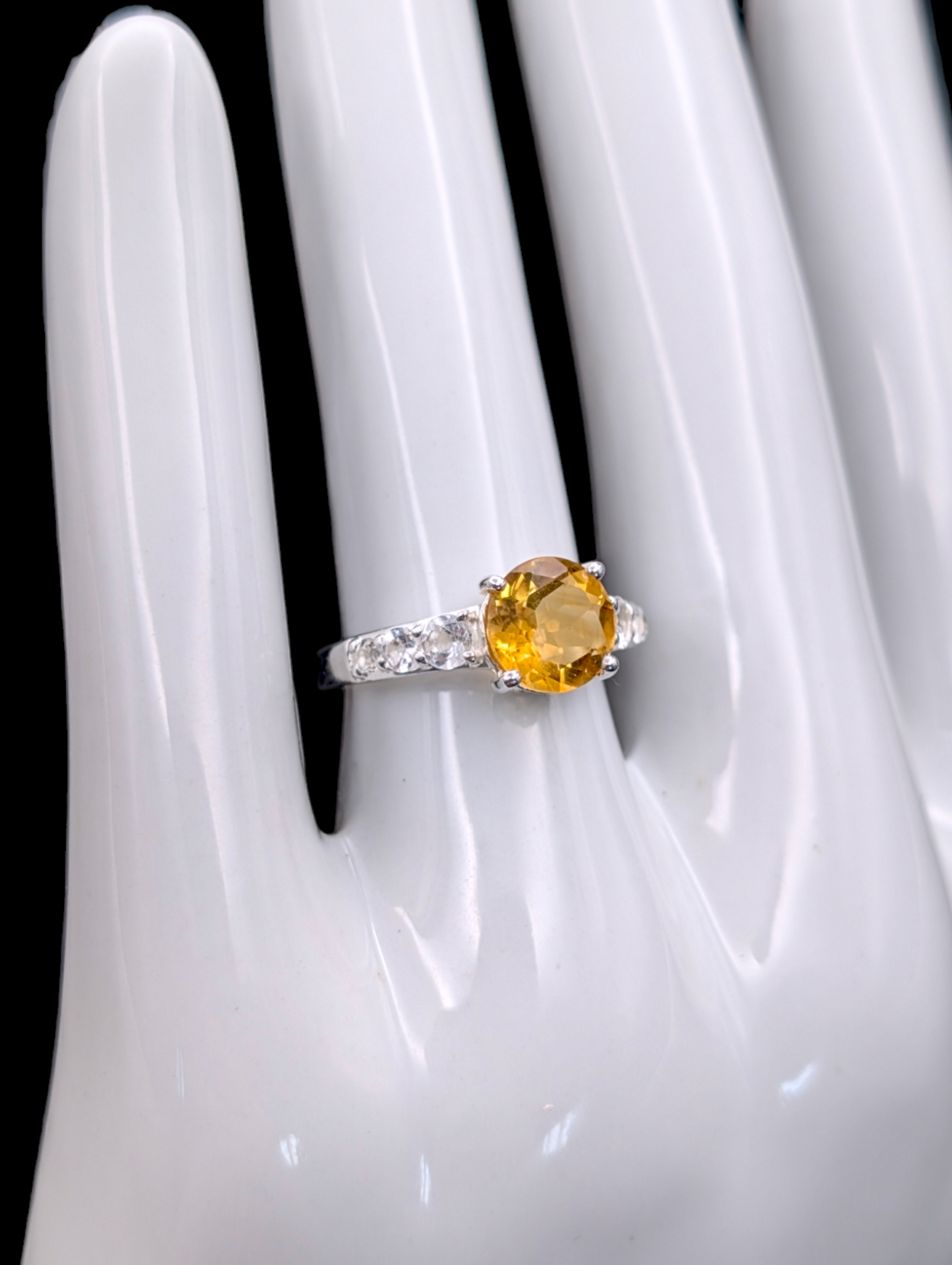 Vintage Large Solitaire Round Cut Citrine and White Topaz Sterling Silver 925 Ring