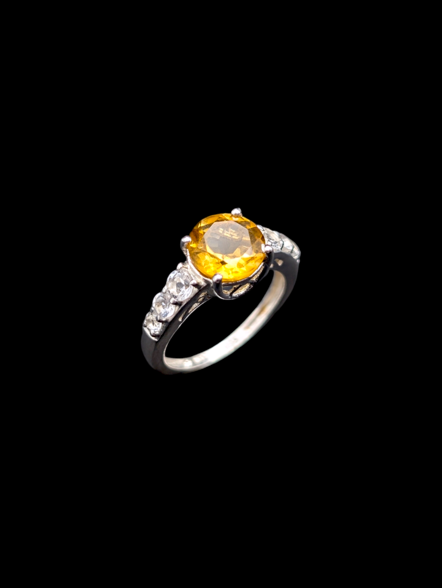 Vintage Large Solitaire Round Cut Citrine and White Topaz Sterling Silver 925 Ring