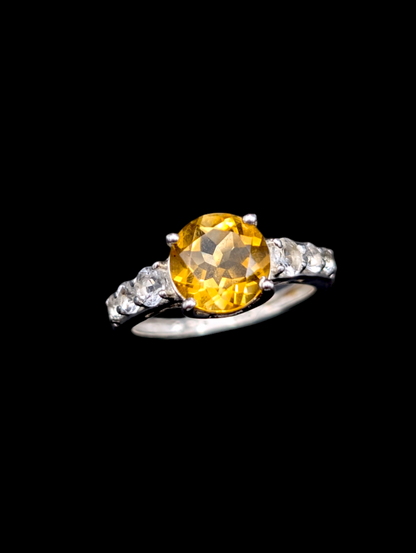 Vintage Large Solitaire Round Cut Citrine and White Topaz Sterling Silver 925 Ring