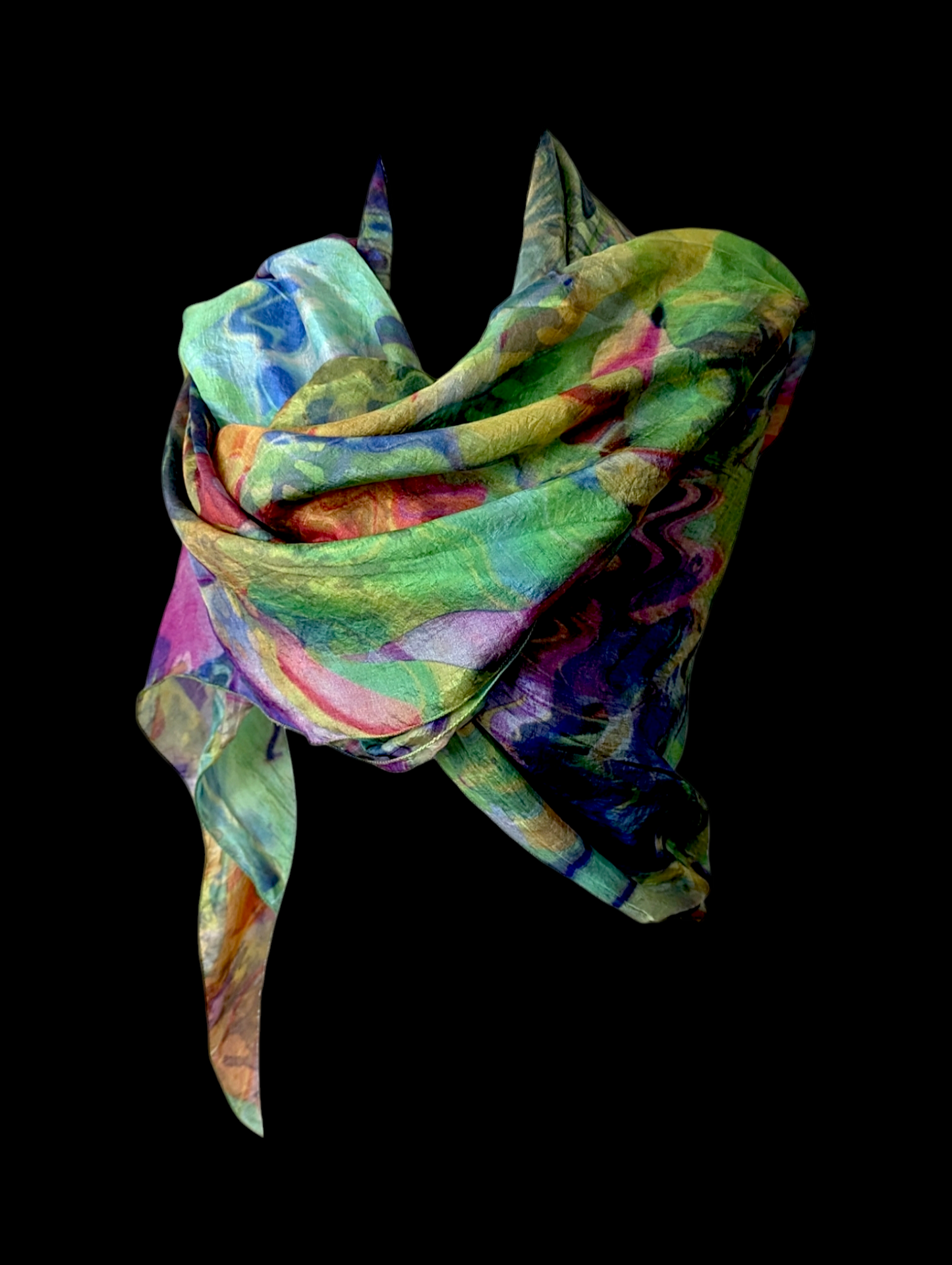 1990s - 2000s Extra Large Silk Scarf with Tie-dye Ripple Water Color Rainbow