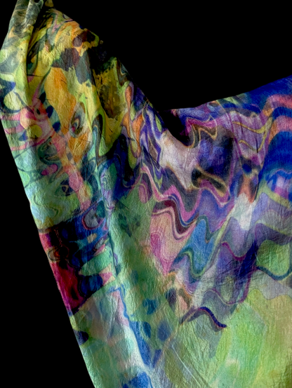 1990s - 2000s Extra Large Silk Scarf with Tie-dye Ripple Water Color Rainbow