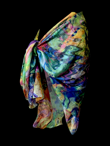 1990s - 2000s Extra Large Silk Scarf with Tie-dye Ripple Water Color Rainbow