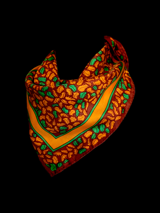 1960s - 1970s Vintage Anne Klein Autumn Leaves Green, Orange and Brown Square Silk Scarf