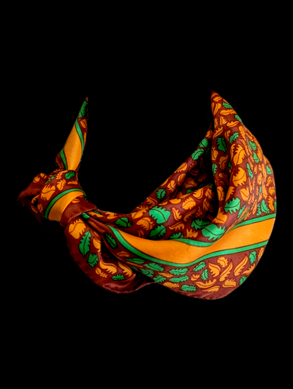 1960s - 1970s Vintage Anne Klein Autumn Leaves Green, Orange and Brown Square Silk Scarf