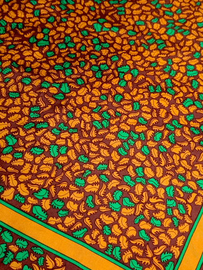 1960s - 1970s Vintage Anne Klein Autumn Leaves Green, Orange and Brown Square Silk Scarf