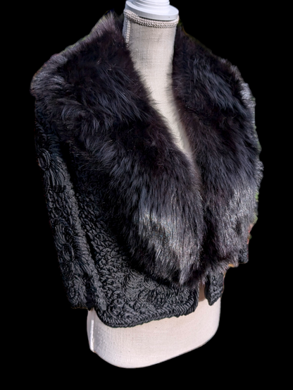 Vintage Black Fox Fur Collar Soutache Ribbon Sophisticated Coat