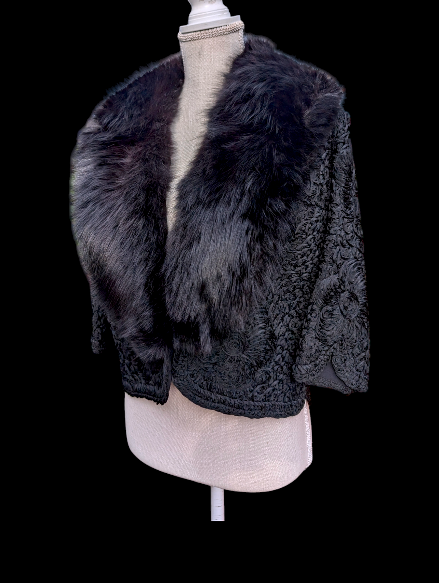 Vintage Black Fox Fur Collar Soutache Ribbon Sophisticated Coat