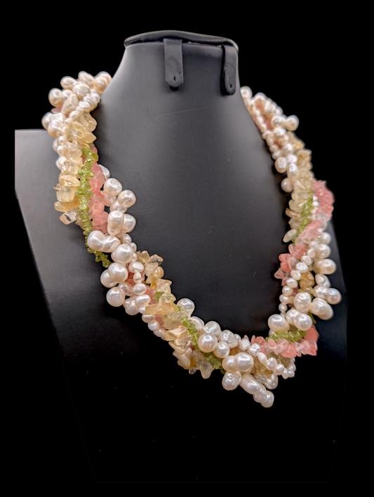 Vintage Stunning 5 Strand Baroque and Nugget Freshwater Pearl Multi Chip Gemstone Necklace