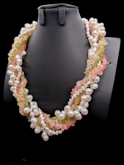 Vintage Stunning 5 Strand Baroque and Nugget Freshwater Pearl Multi Chip Gemstone Necklace