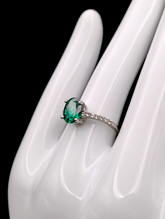 Vintage Oval Cut Simulated Emerald with Genuine Topaz Accents Sterling Silver Ring