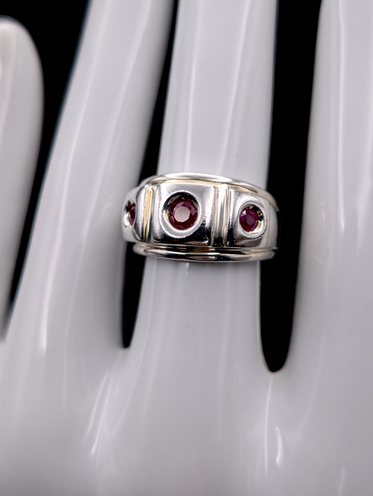 Vintage Designer Elle Genuine Earth Mined Ruby Trio Sterling Silver Ring