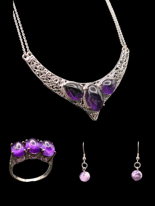 Gothic inspired Sterling Silver Earth Mined Amethyst Necklace, Ring and Earrings Set