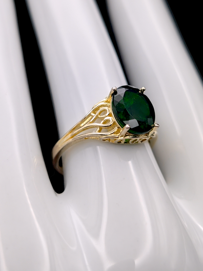 Vintage Earth Mined 3 Carat Genuine Chrome Diopside Solitaire 18k Yellow Gold Vermeil Filigree Ring