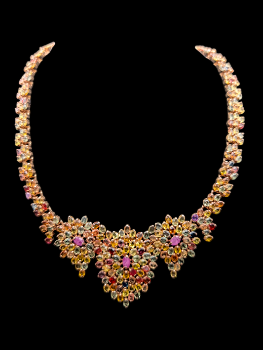 Vintage Inspired Dazzling Multicolor Genuine Fancy Sapphire and Earth Mined Ruby Statement Gold Vermeil Statement Necklace