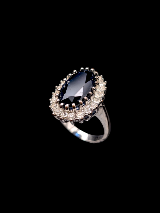 Vintage Simulated Royal Blue Sapphire and Diamond Halo Silver Toned Costume Ring