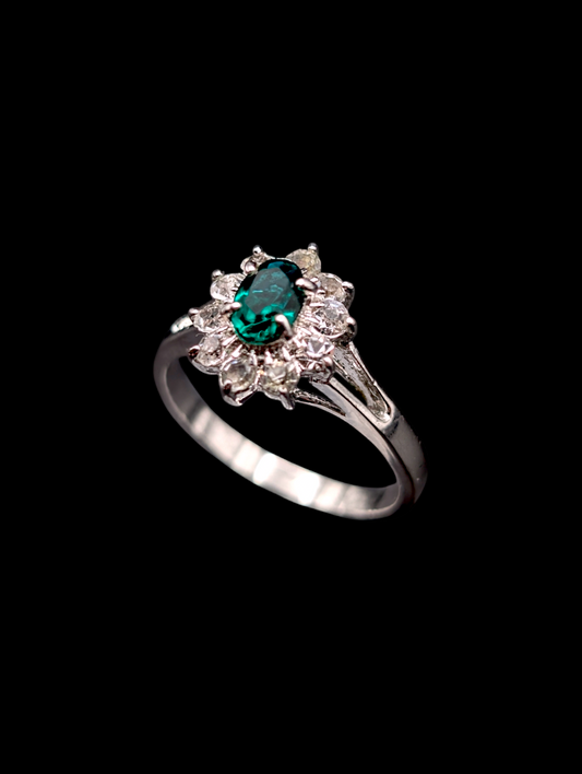 Vintage Simulated Emerald and Diamond Halo Silver Costume Ring