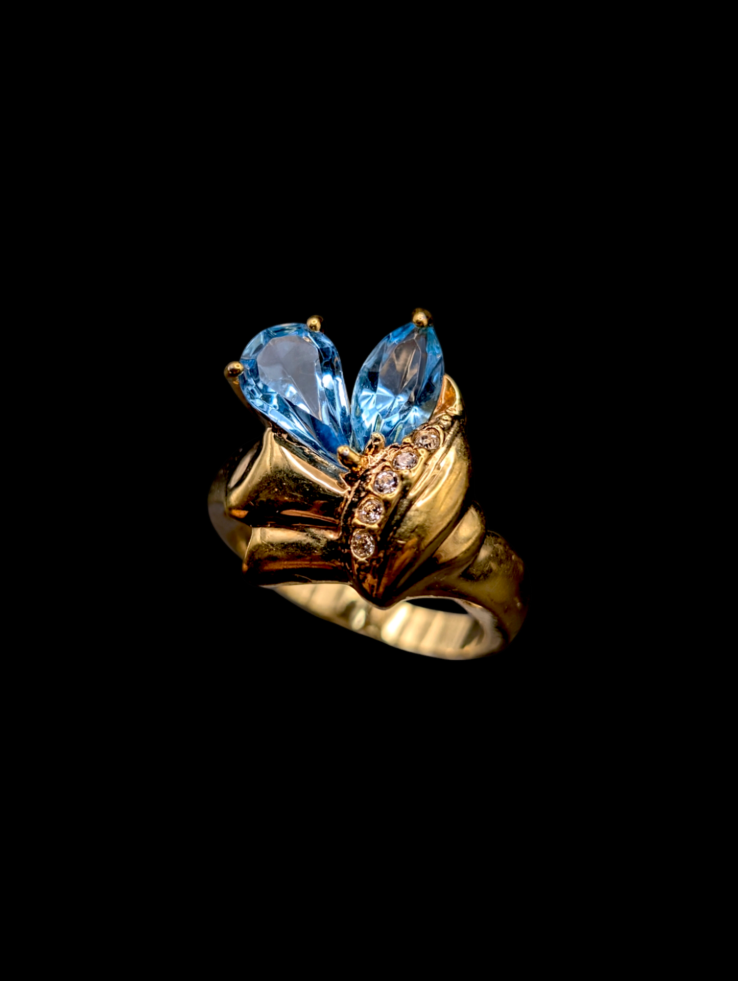 Vintage Simulated Swiss Blue Topaz and Diamond Accent Ruman Gold Toned Costume Ring