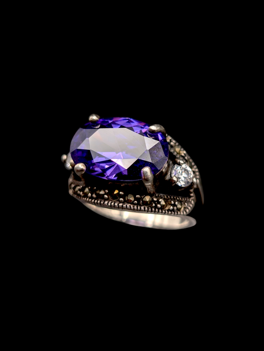 Vintage Simulated Amethyst, Diamond and Marcasite Silver Costume Ring