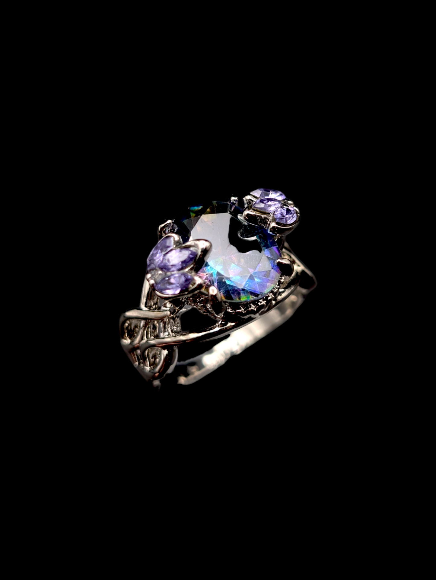 Vintage Simulated Mystic Topaz and Tanzanite Silver Toned Costume Ring