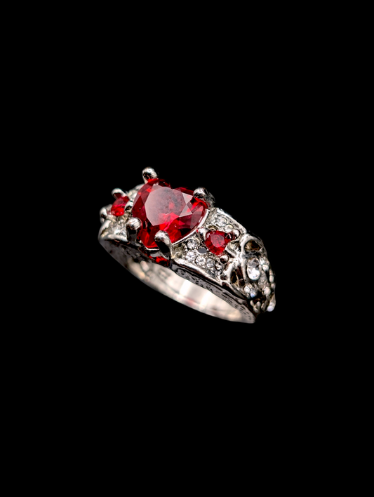 Vintage Simulated Ruby Heart Silver Toned Costume Ring