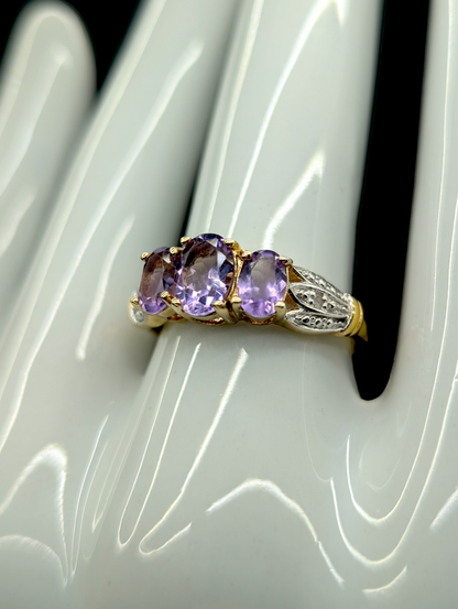 Vintage Genuine Amethyst and Diamond 18k Yellow Gold Vermeil Ring