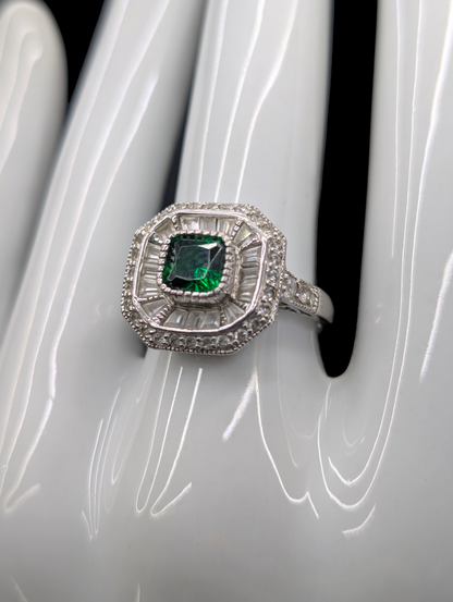 Vintage Art Deco Inspired Genuine Emerald and Simulated Diamond Sterling Silver Ring