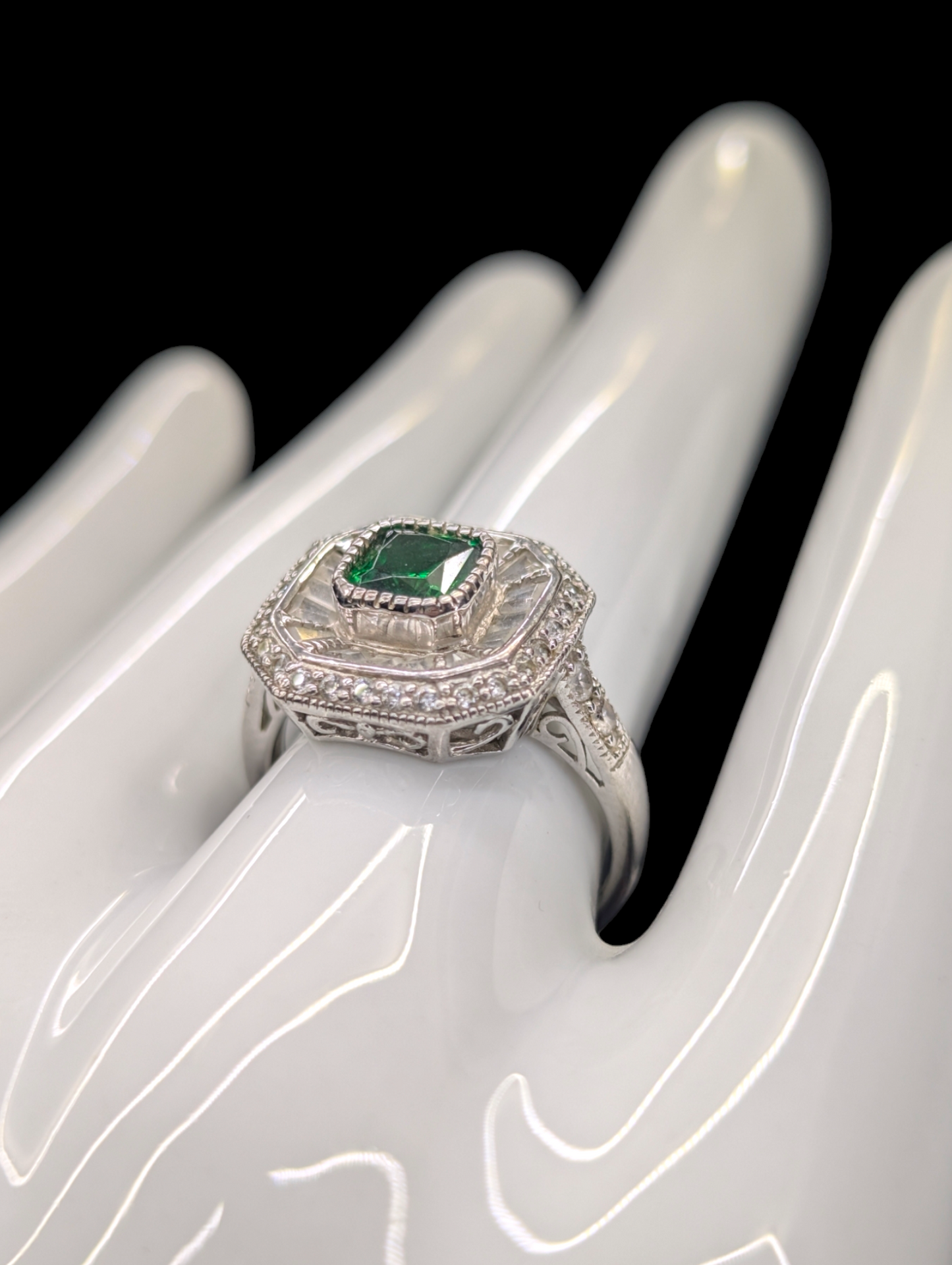 Vintage Art Deco Inspired Genuine Emerald and Simulated Diamond Sterling Silver Ring