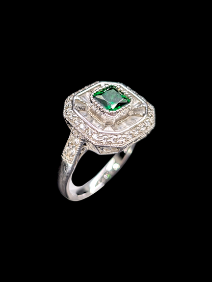 Vintage Art Deco Inspired Genuine Emerald and Simulated Diamond Sterling Silver Ring