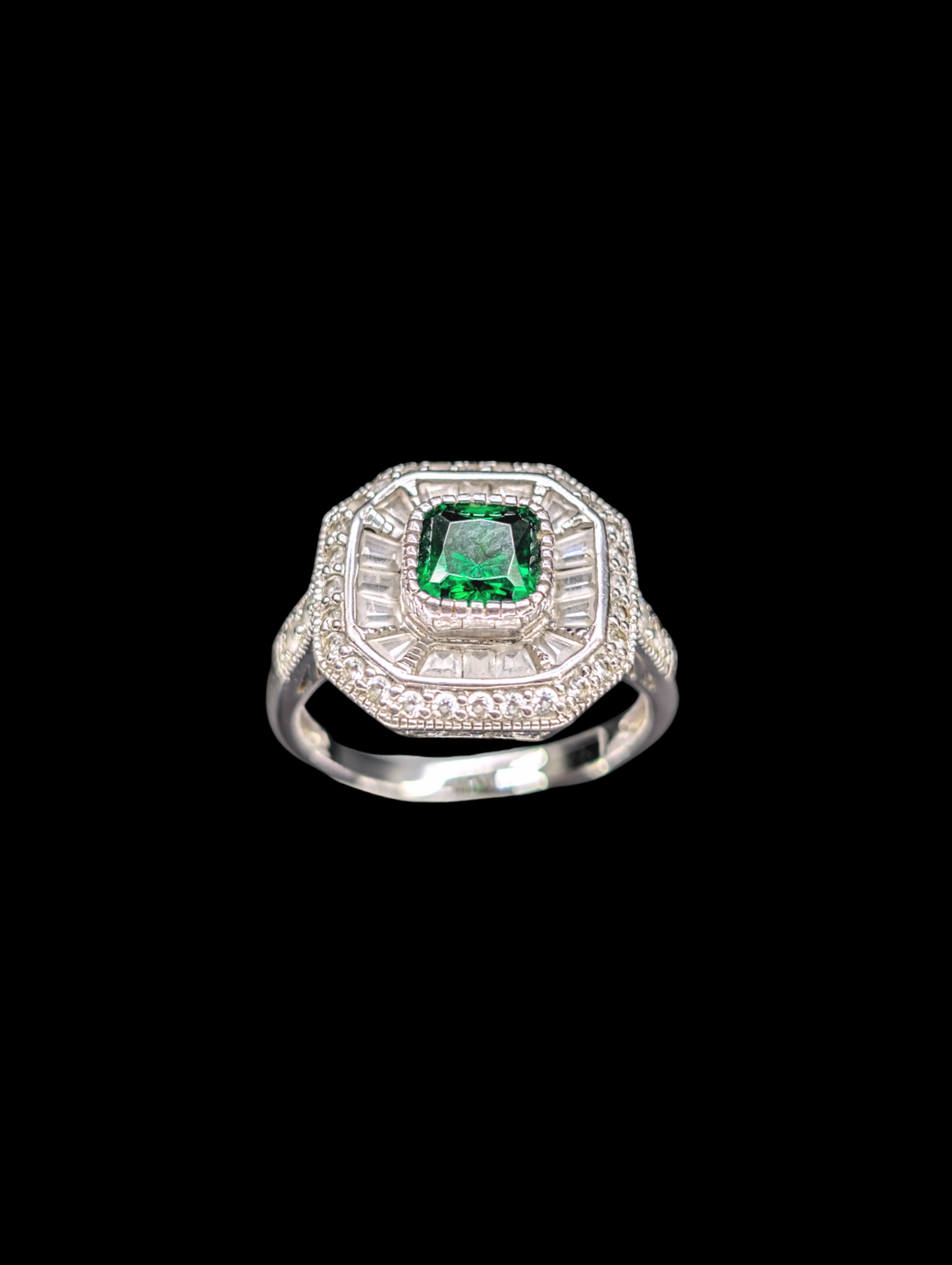 Vintage Art Deco Inspired Genuine Emerald and Simulated Diamond Sterling Silver Ring