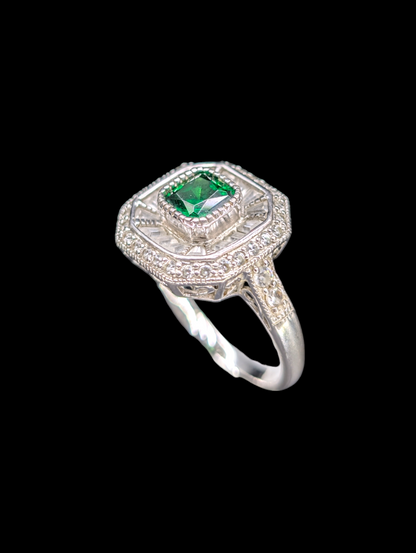 Vintage Art Deco Inspired Genuine Emerald and Simulated Diamond Sterling Silver Ring