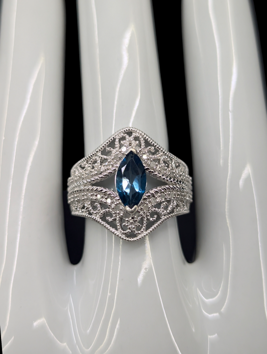 Vintage Genuine London Blue Topaz and Genuine Diamond Sterling Silver Filigree Ring