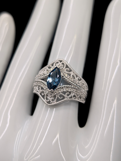 Vintage Genuine London Blue Topaz and Genuine Diamond Sterling Silver Filigree Ring