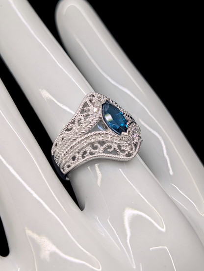 Vintage Genuine London Blue Topaz and Genuine Diamond Sterling Silver Filigree Ring