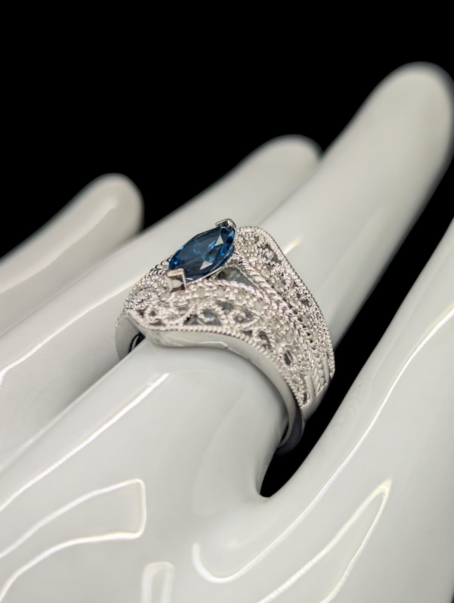 Vintage Genuine London Blue Topaz and Genuine Diamond Sterling Silver Filigree Ring