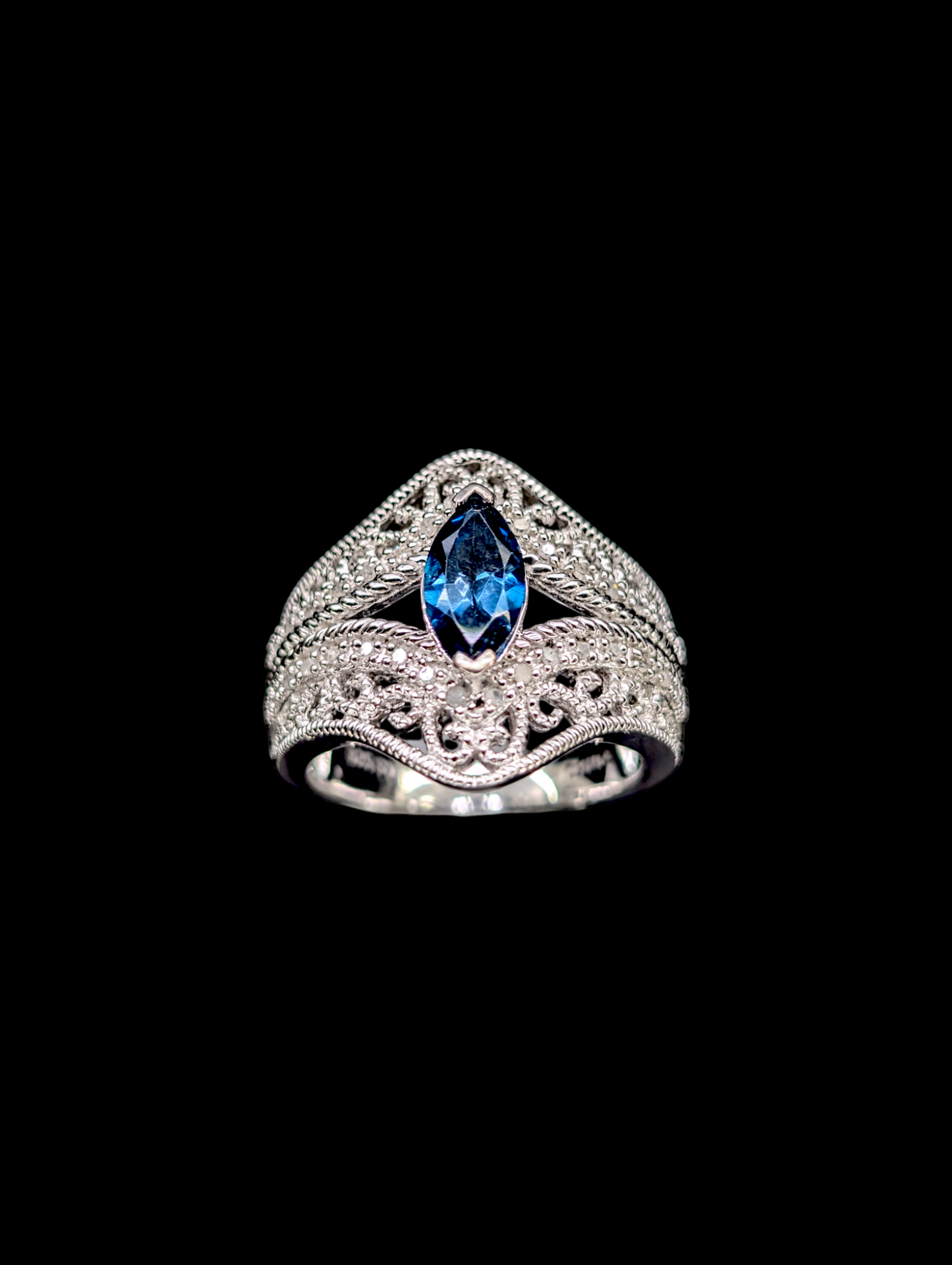 Vintage Genuine London Blue Topaz and Genuine Diamond Sterling Silver Filigree Ring