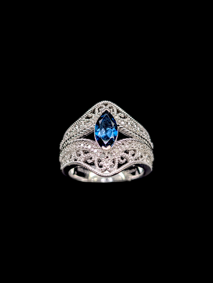 Vintage Genuine London Blue Topaz and Genuine Diamond Sterling Silver Filigree Ring