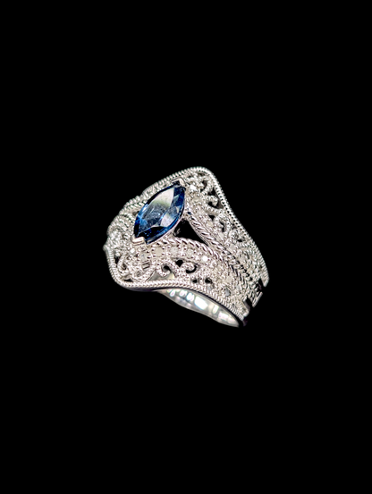 Vintage Genuine London Blue Topaz and Genuine Diamond Sterling Silver Filigree Ring